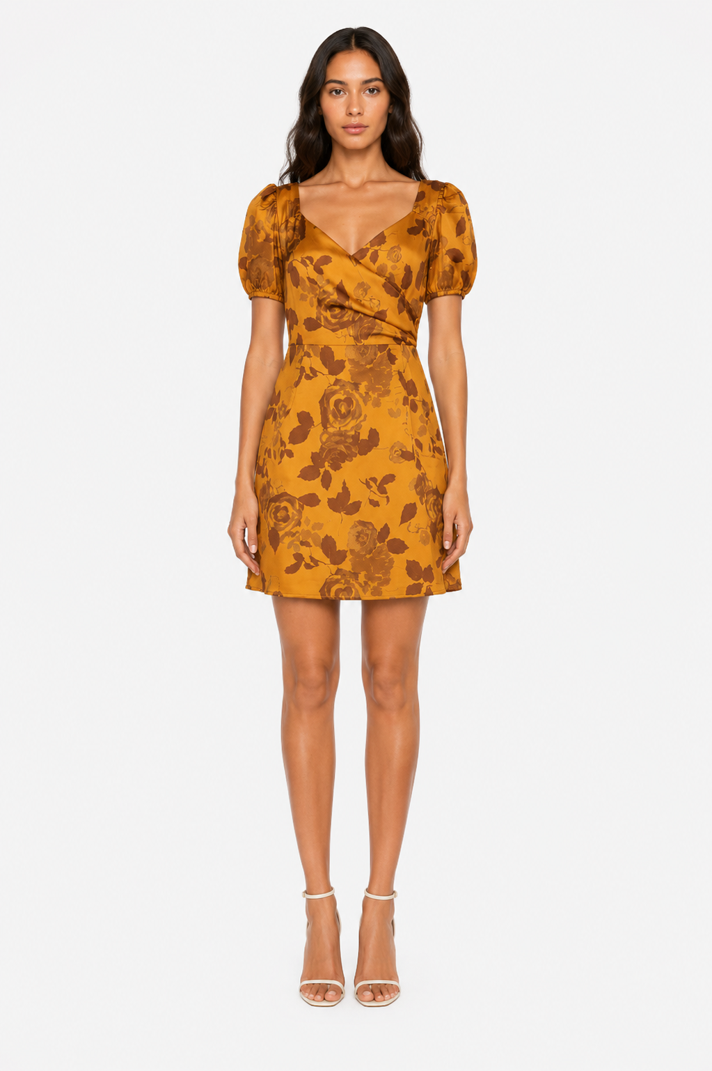 GLAMOURÖSES ockerfarbenes Blumen-Minikleid