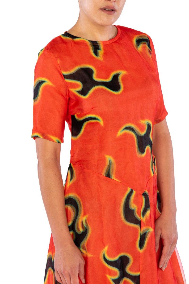 WEISSES langes Orange Kleid mit Flammendruck