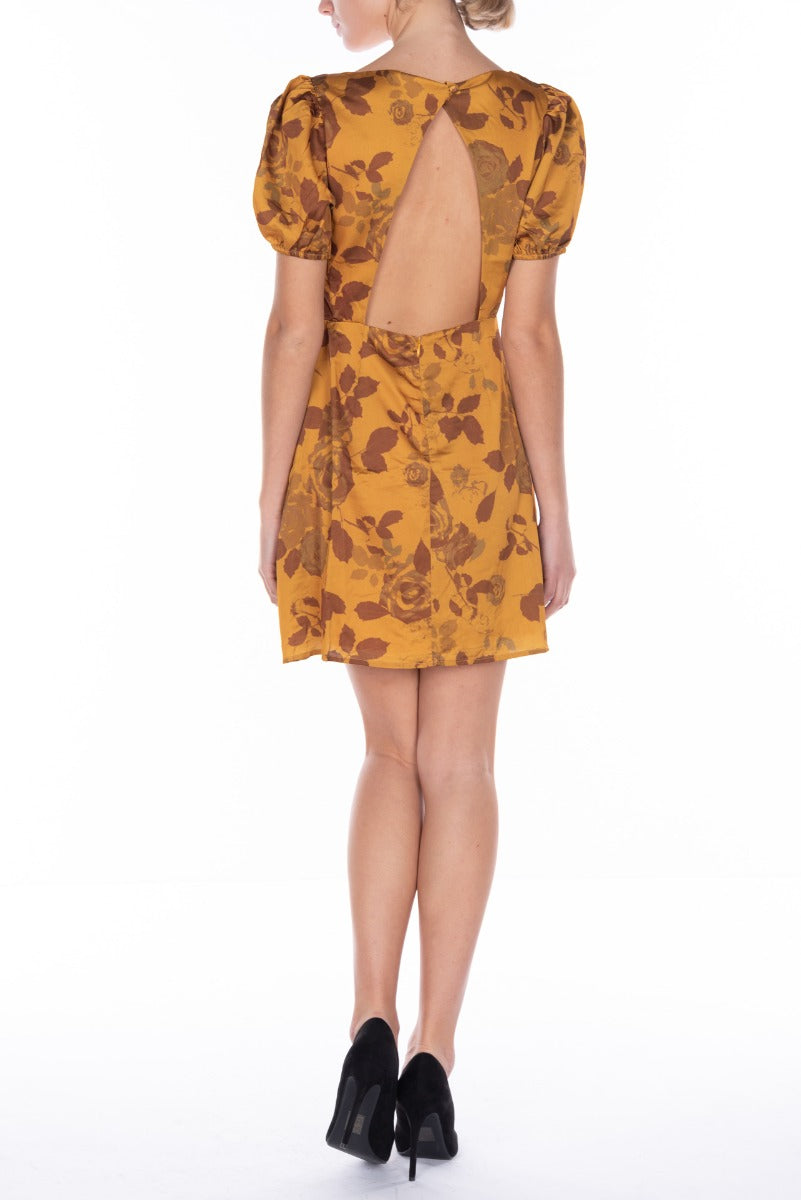 GLAMOURÖSES ockerfarbenes Blumen-Minikleid