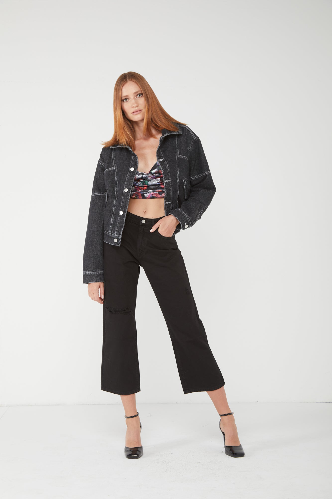 Icon Denim Schwarz Jeansjacke mit Ökofell