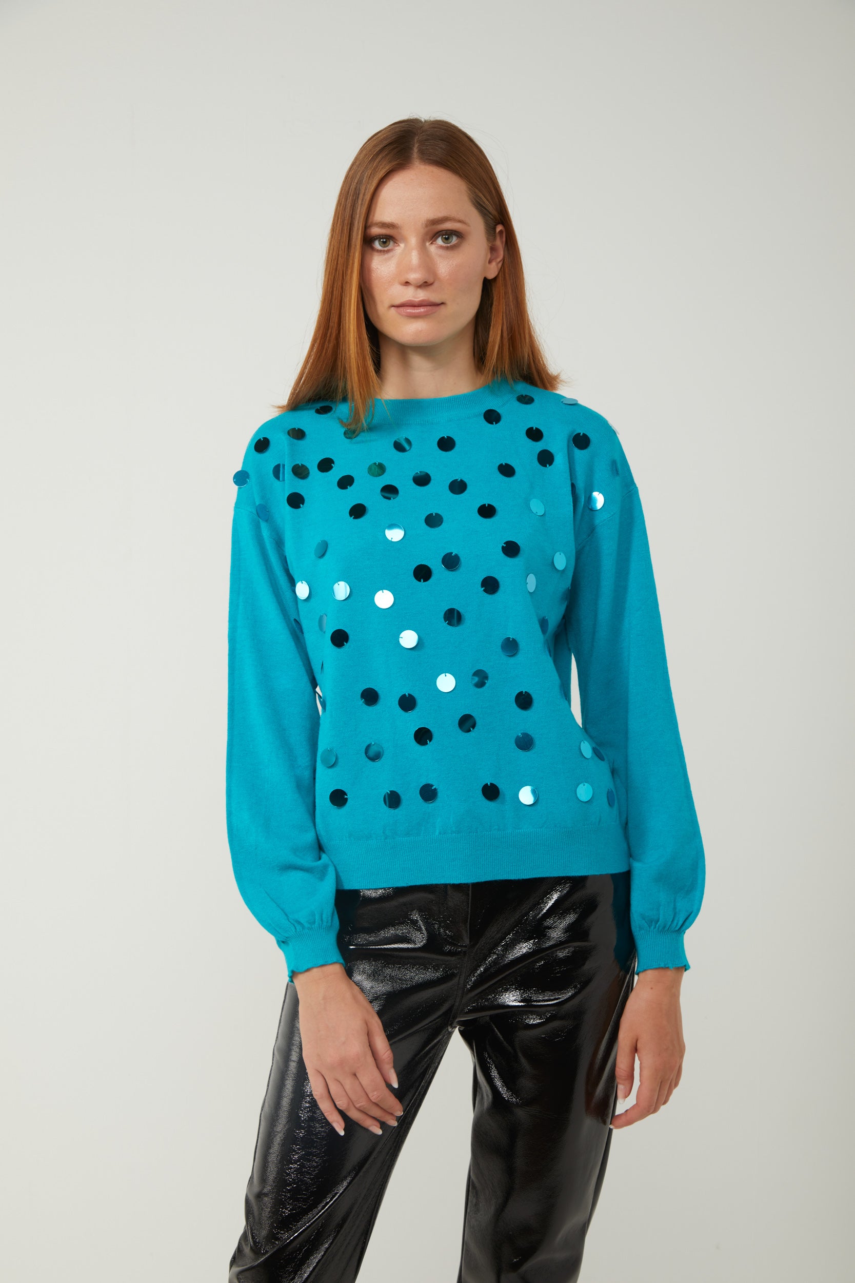 VICOLO Türkisfarbener Pullover mit Maxi-Pailletten