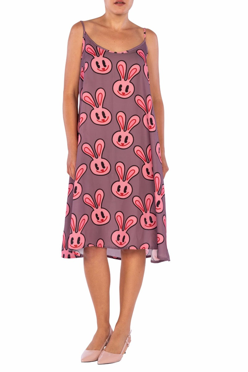 WEISSES Lila Tankkleid mit Kaninchen-Print