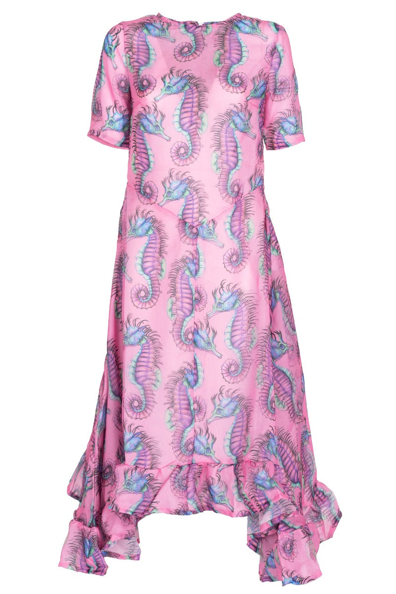 WEISSES Rose Seepferdchenkleid mit Rüschen