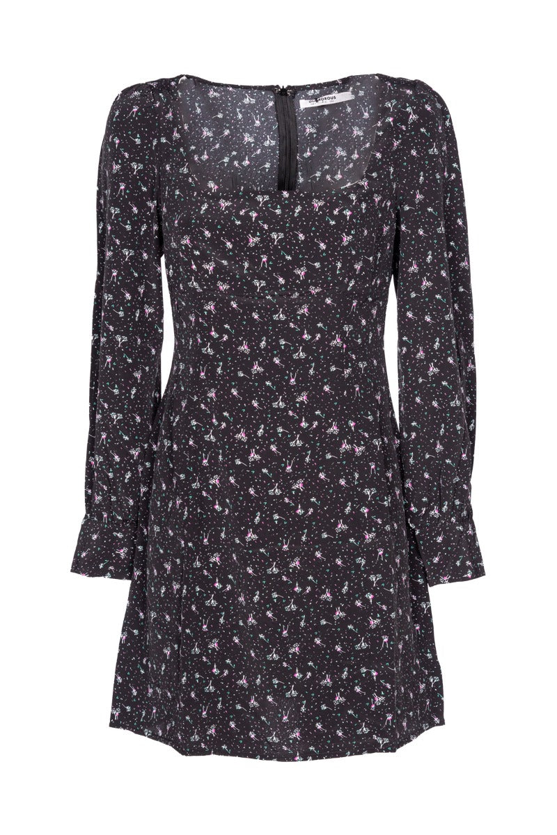 missguided milkmaid mini dress in black ditsy floral GLAMOURÖSES kurzes schwarzes Kleid Schwarz Blumen