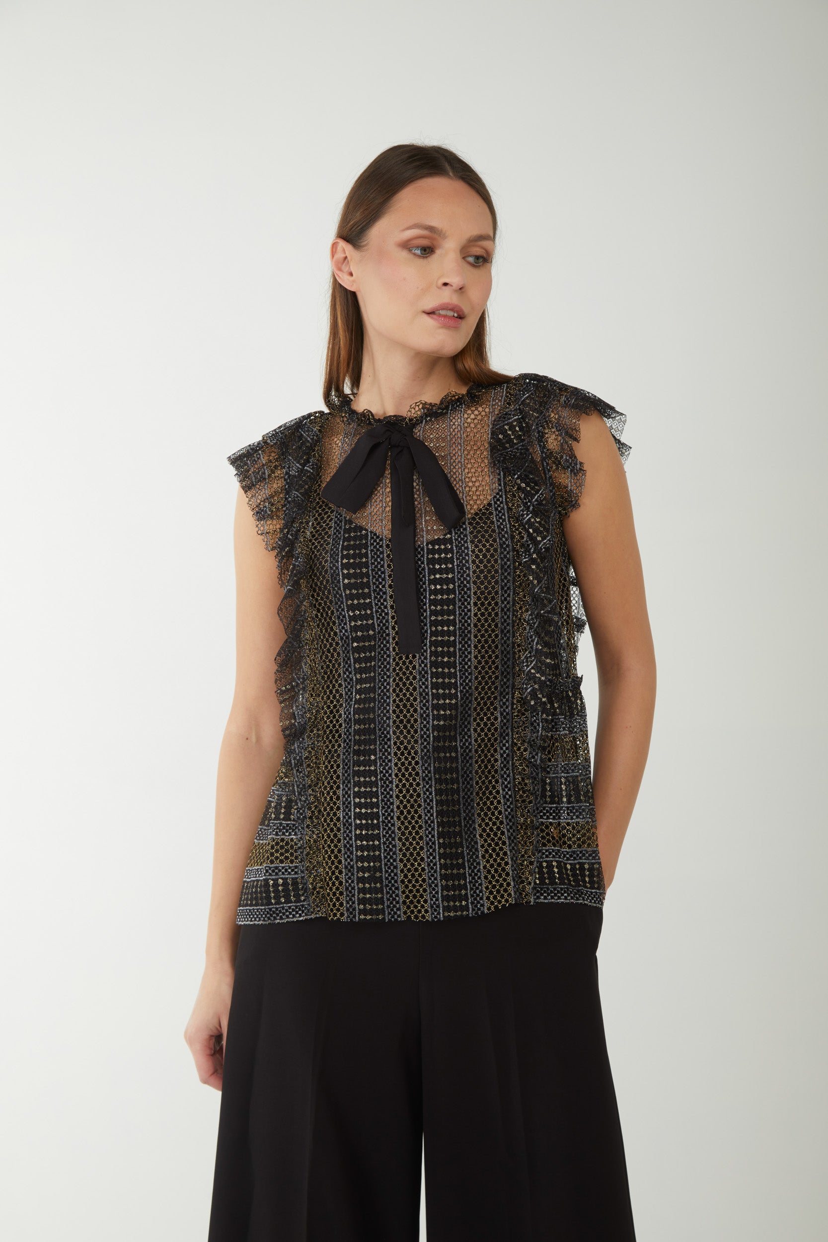 TWINSET Lurex-Spitzenoberteil mit Schleifenkragen