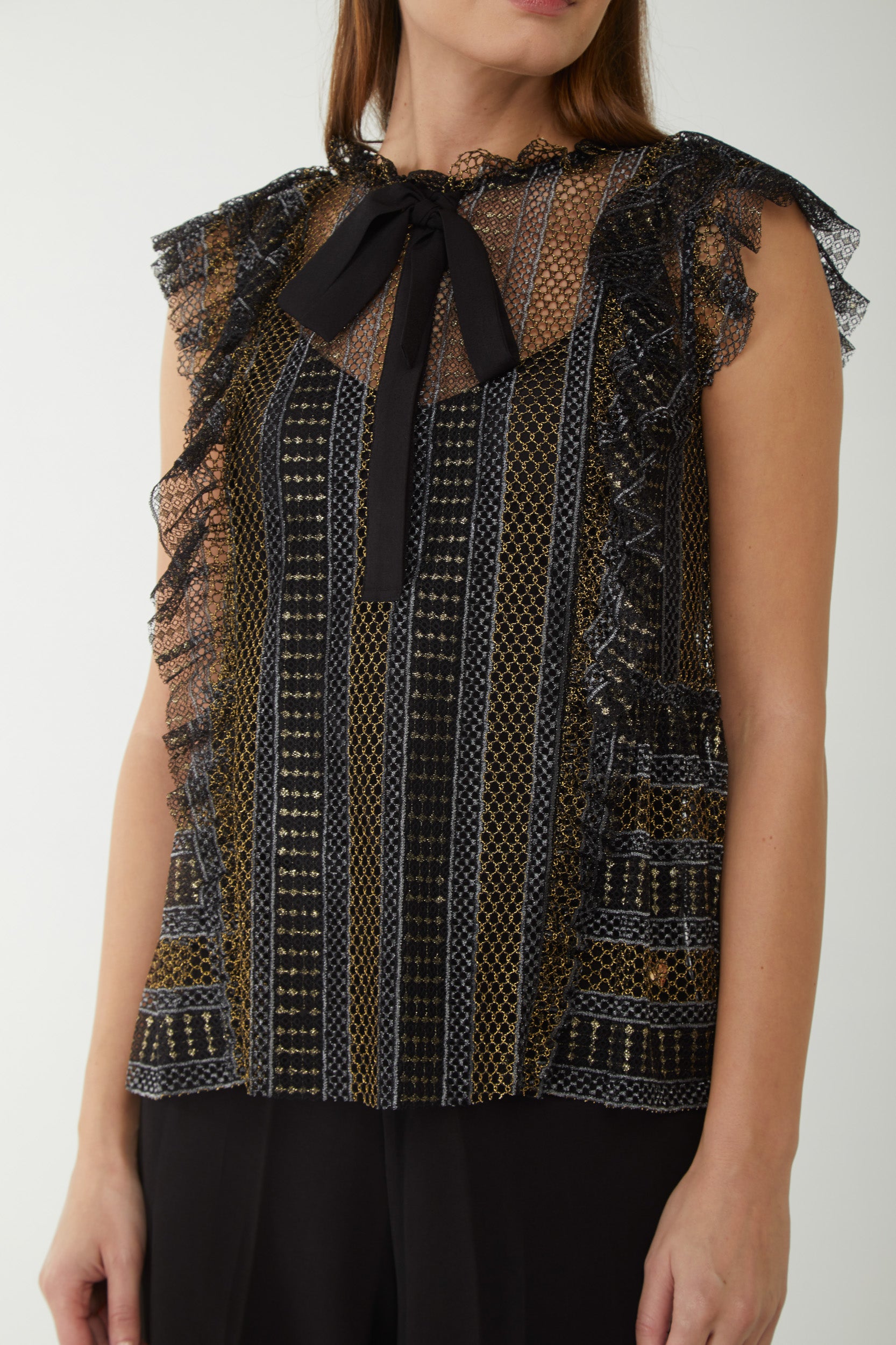 TWINSET Lurex-Spitzenoberteil mit Schleifenkragen