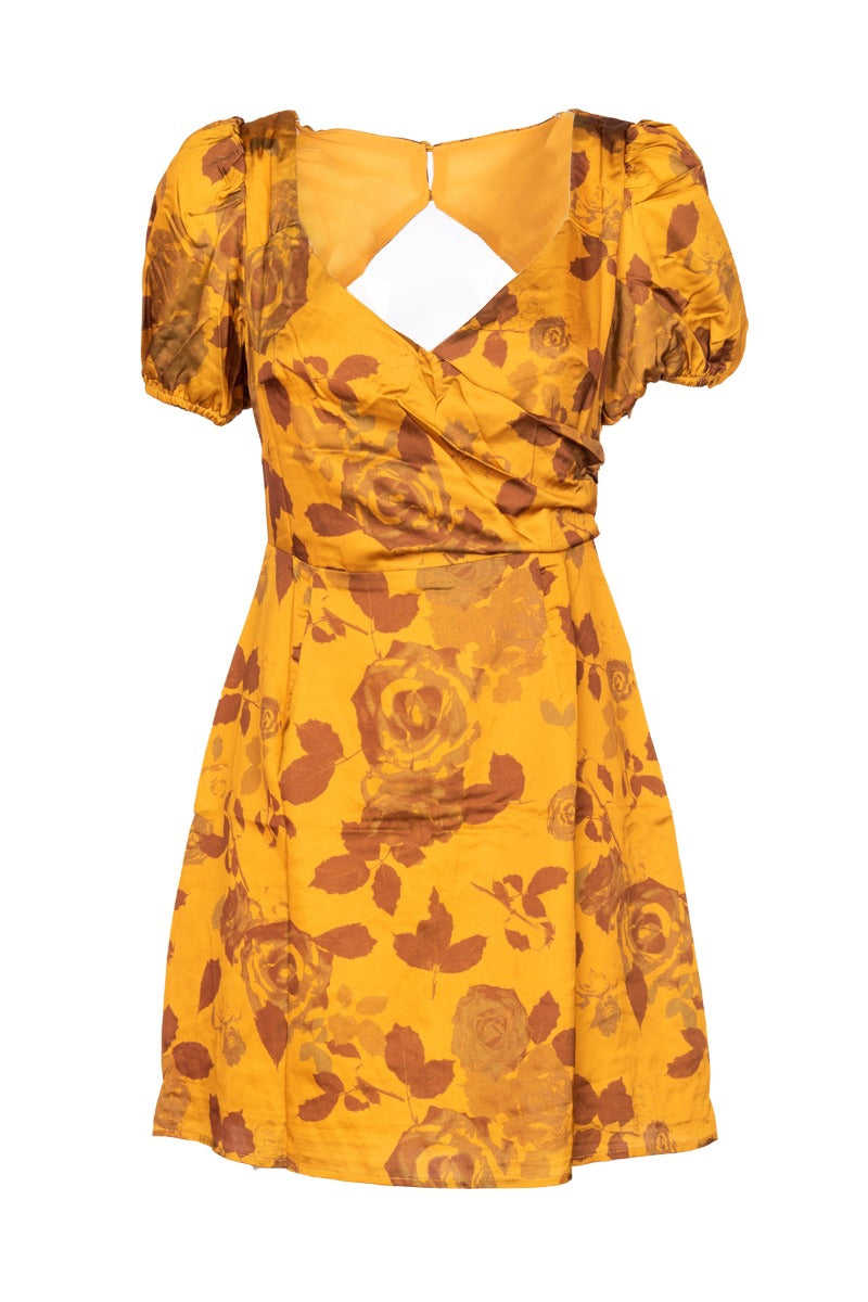 GLAMOURÖSES ockerfarbenes Blumen-Minikleid