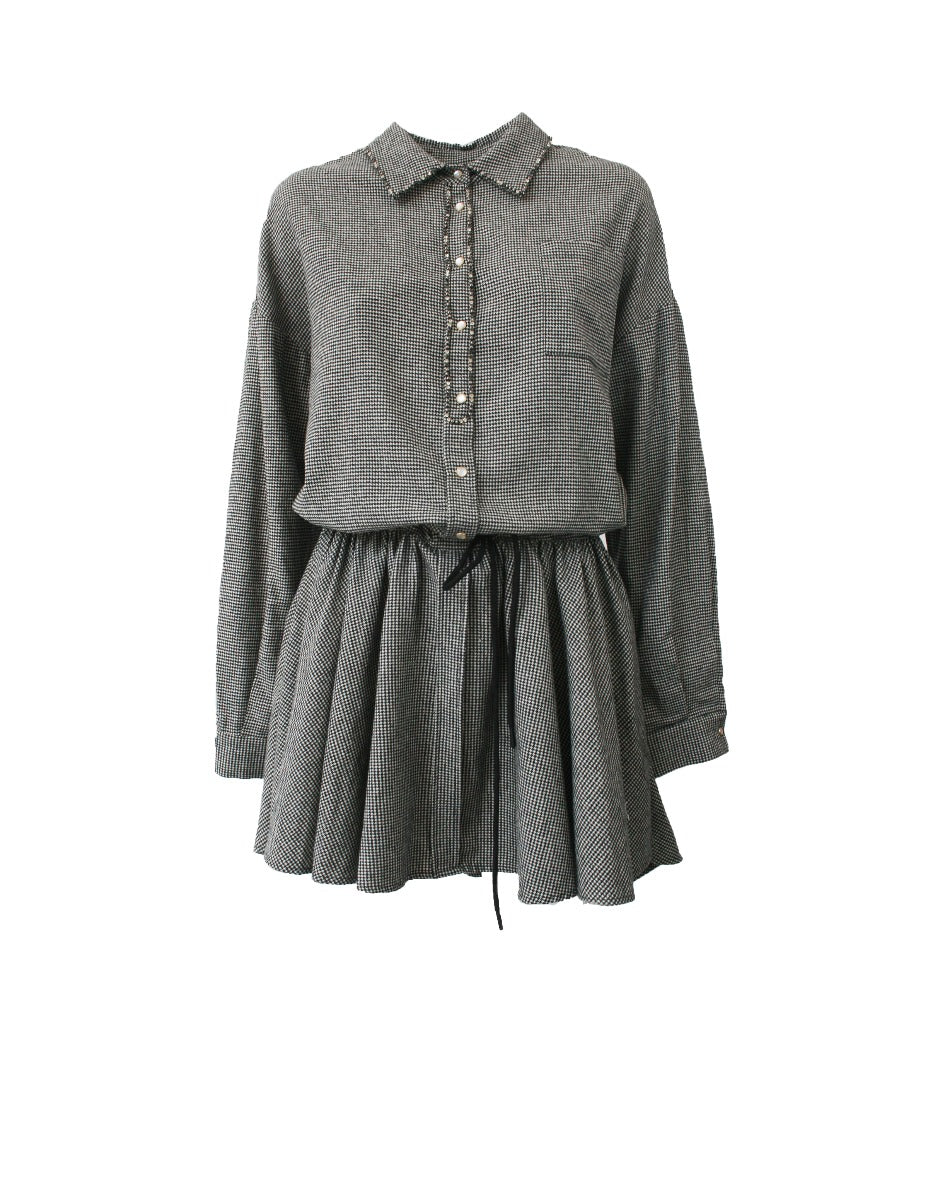 MY TWIN TWINSET Weiße - Schwarz kariertes Kleid mit Kordelzug