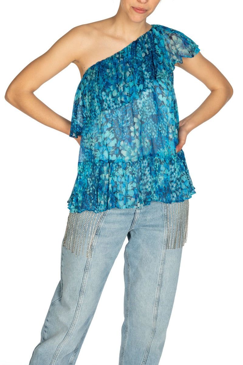 TWINSET One-Shoulder-Top mit hellblauem Blumenmuster