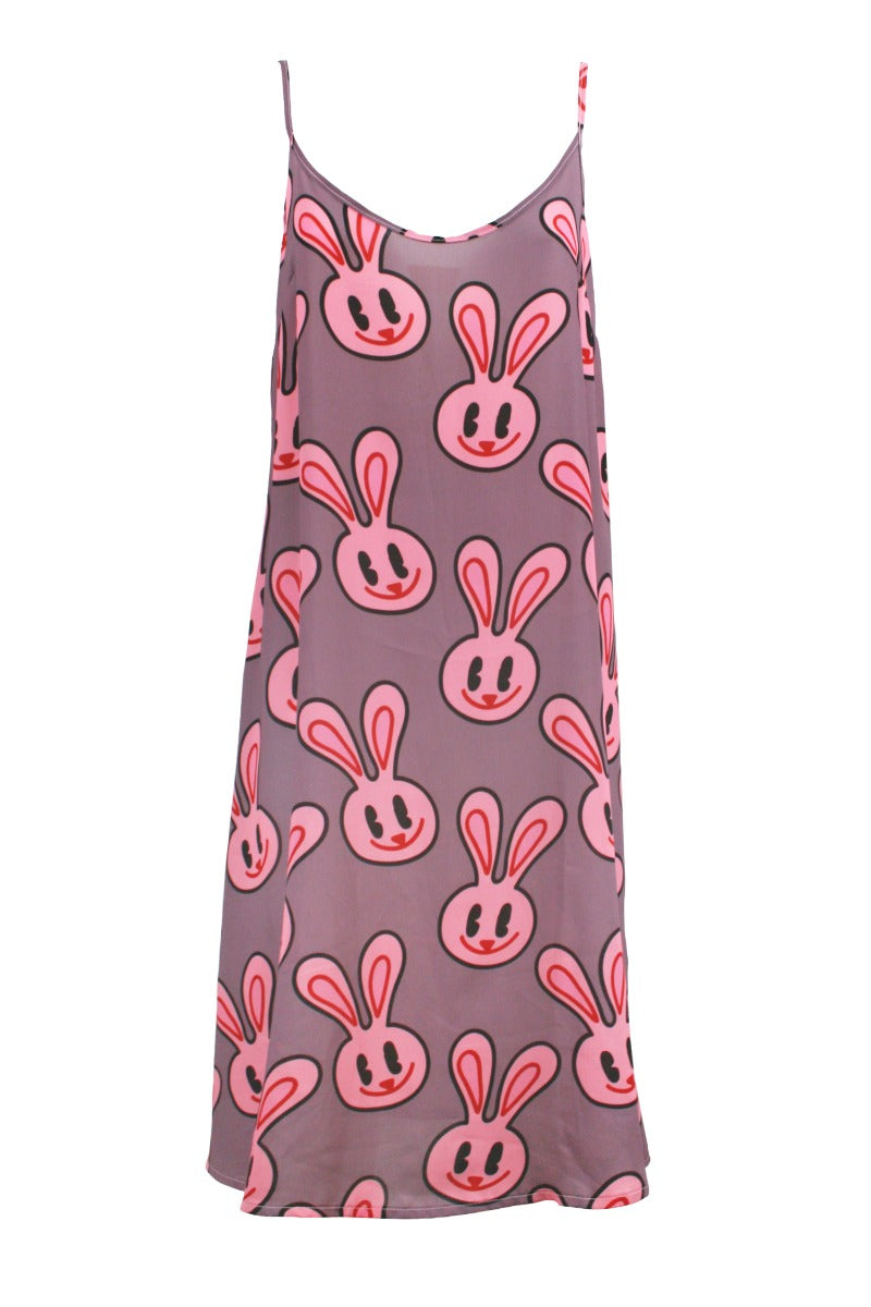 WEISSES Lila Tankkleid mit Kaninchen-Print