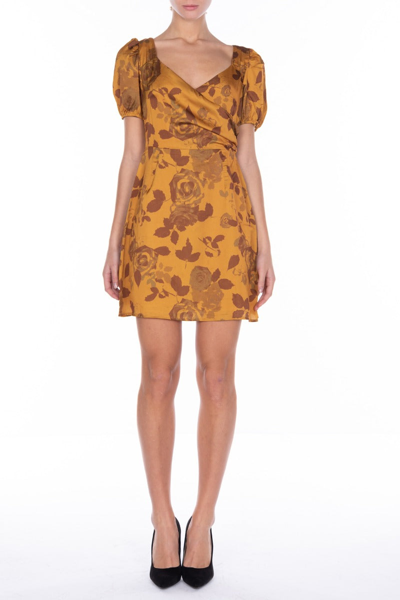 GLAMOURÖSES ockerfarbenes Blumen-Minikleid