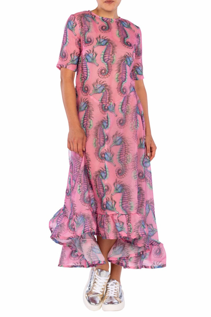 WEISSES Rose Seepferdchenkleid mit Rüschen