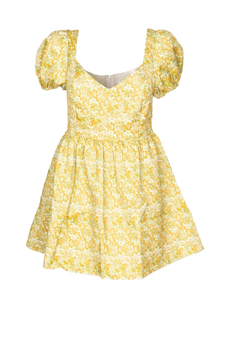 GLAMOURÖSES kurzes Kleid mit ockerfarbenen Blumen