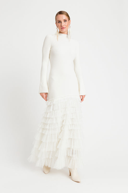Twinset Langes Strickkleid mit Volants Weiß