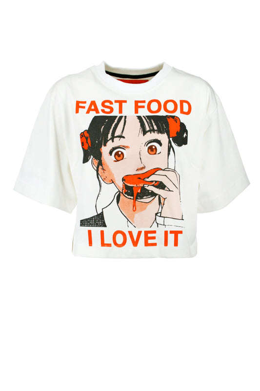 T-Shirt Crop "Fast Food" Weiß