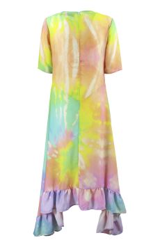Tie-Dye-Kleid mit weißen Rüschen