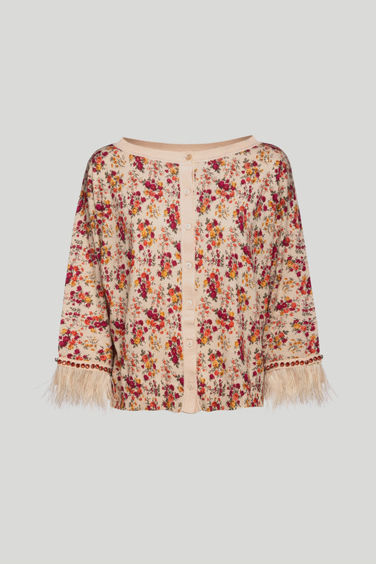 TWINSET Pinke Strickjacke mit Blumen und Federn