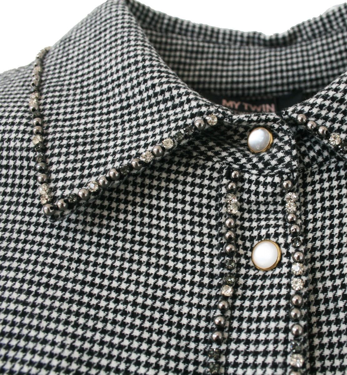 MY TWIN TWINSET Weiße - Schwarz kariertes Kleid mit Kordelzug